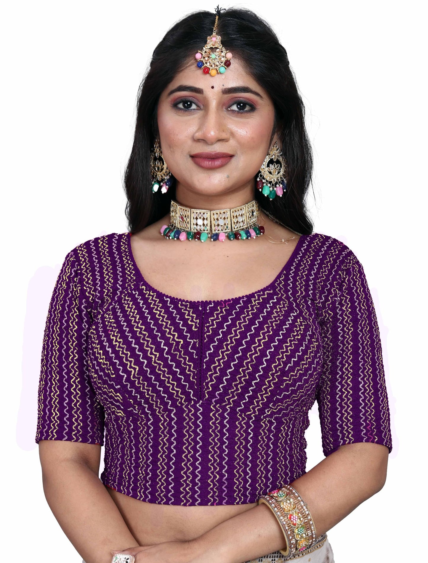 Saree Blouse with Golden Stone Work – Round Neck
