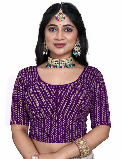 Saree Blouse with Golden Stone Work – Round Neck