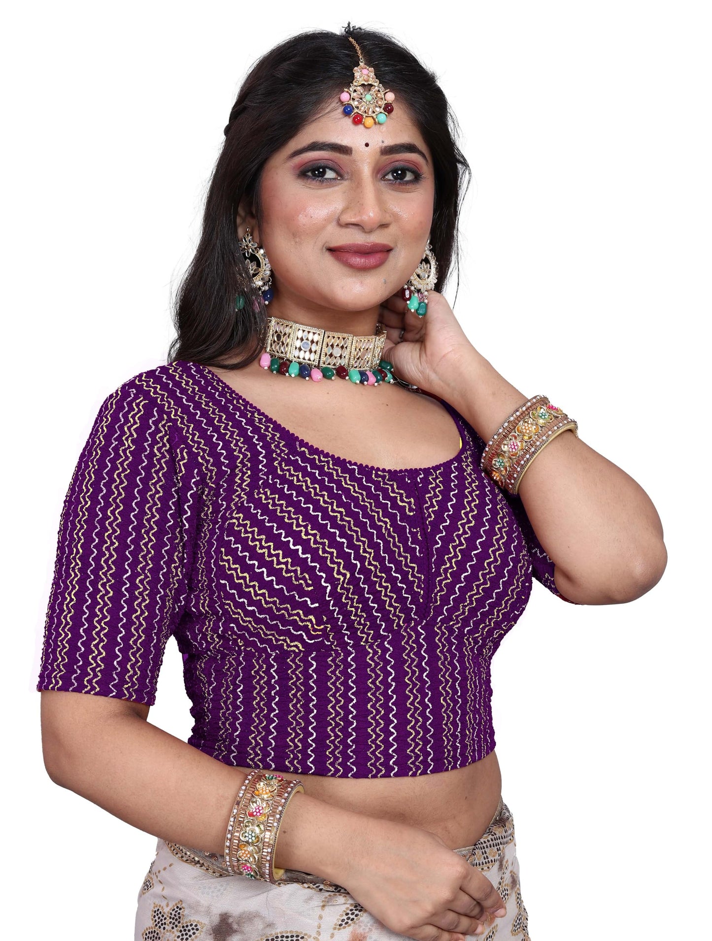 Saree Blouse with Golden Stone Work – Round Neck