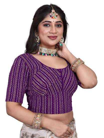 Saree Blouse with Golden Stone Work – Round Neck