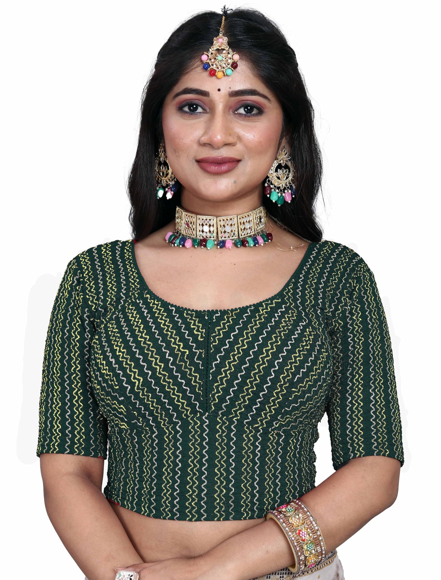 Saree Blouse with Golden Stone Work – Round Neck