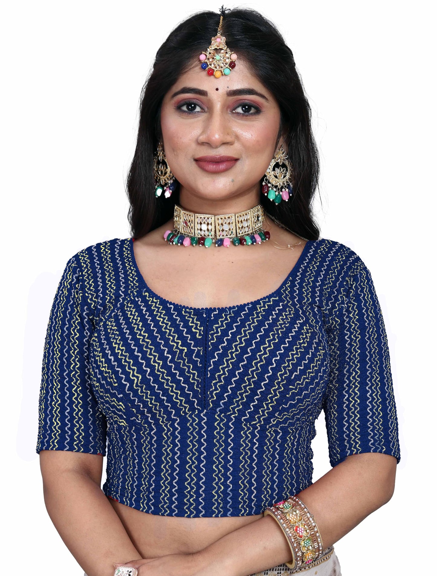 Saree Blouse with Golden Stone Work – Round Neck
