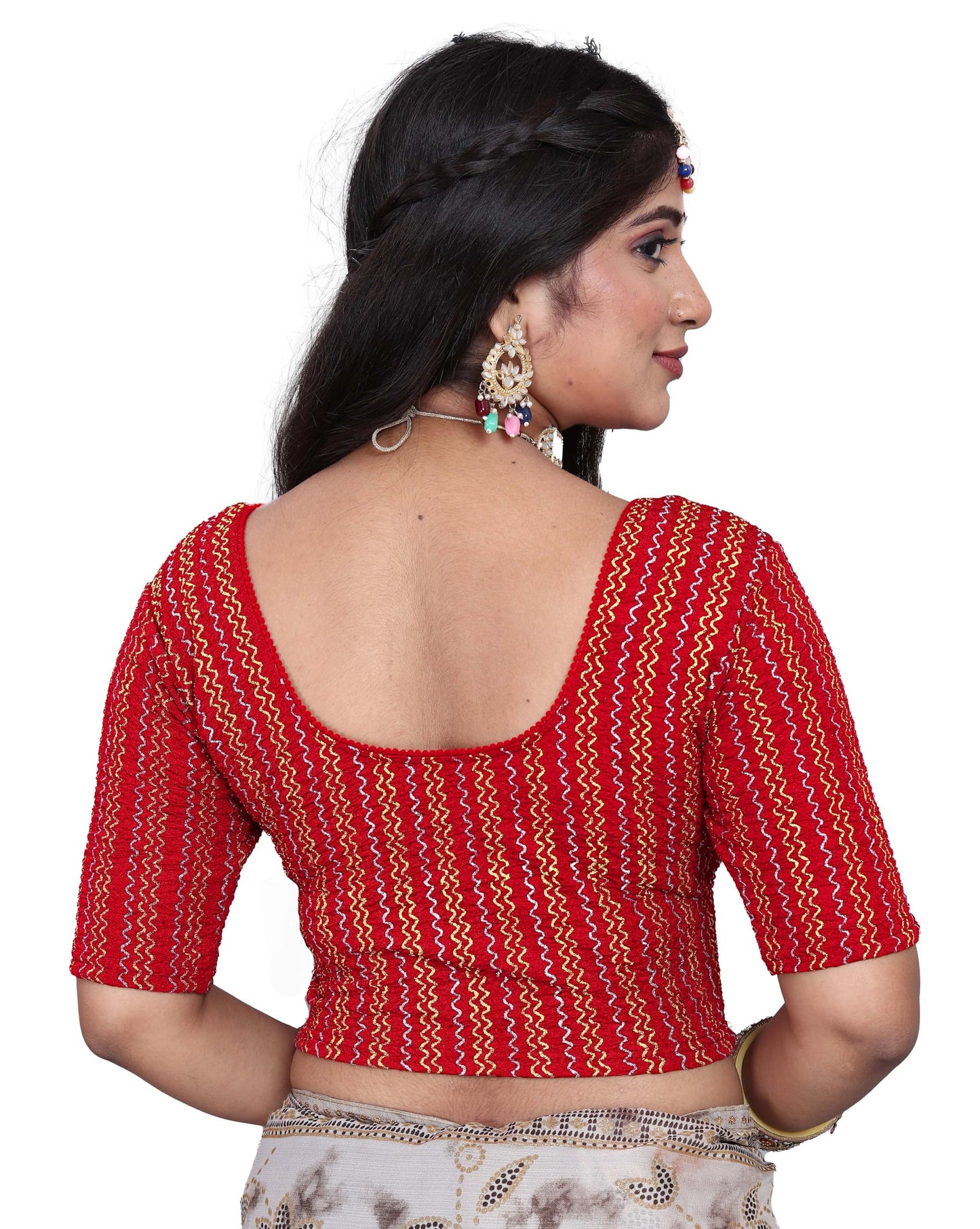 Saree Blouse with Golden Stone Work – Round Neck