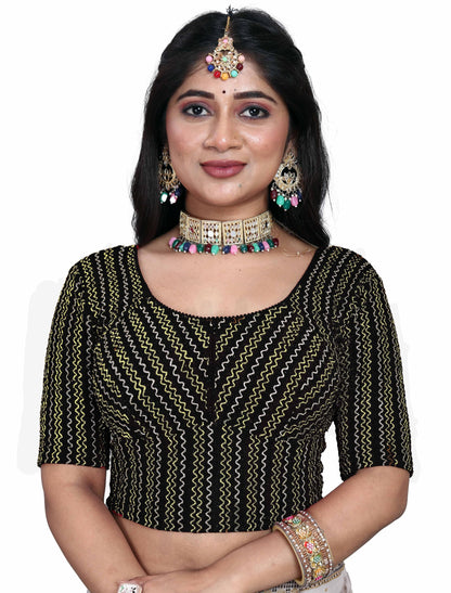 Saree Blouse with Golden Stone Work – Round Neck