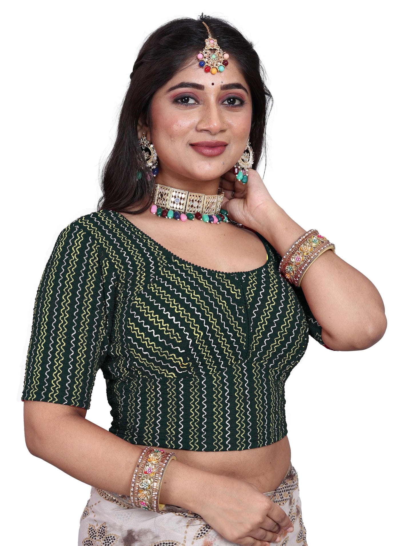 Saree Blouse with Golden Stone Work – Round Neck