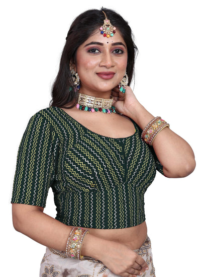 Saree Blouse with Golden Stone Work – Round Neck