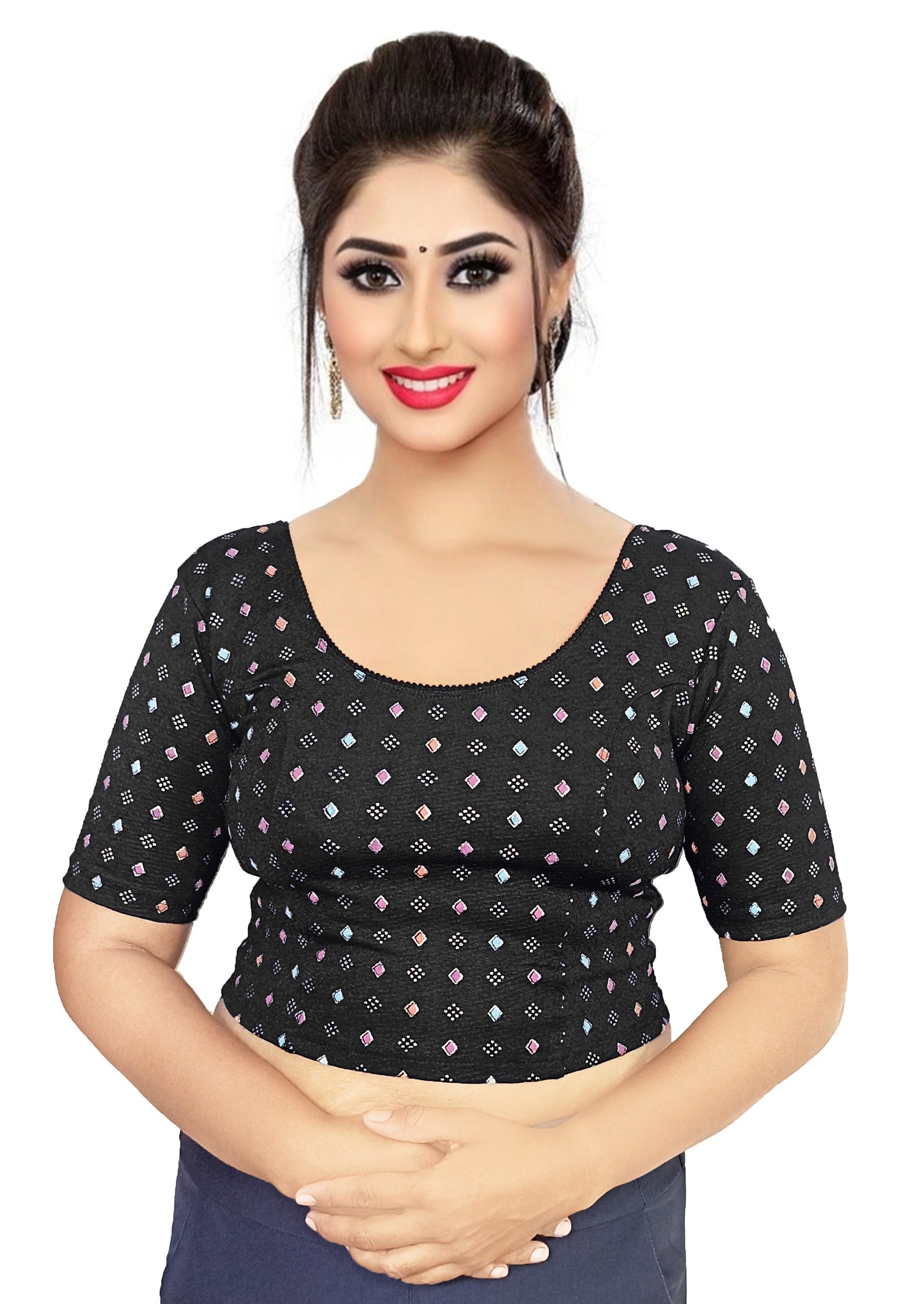 PU Fashion Pigment Print Blouse – Readymade, Stylish Multicolor Design, Elbow Sleeves
