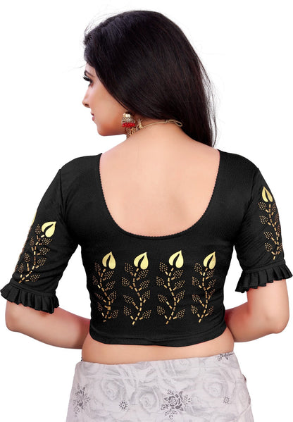PU Fashion Women's Black Lycra Blouse with Golden Print | Readymade Stretchable Blouse