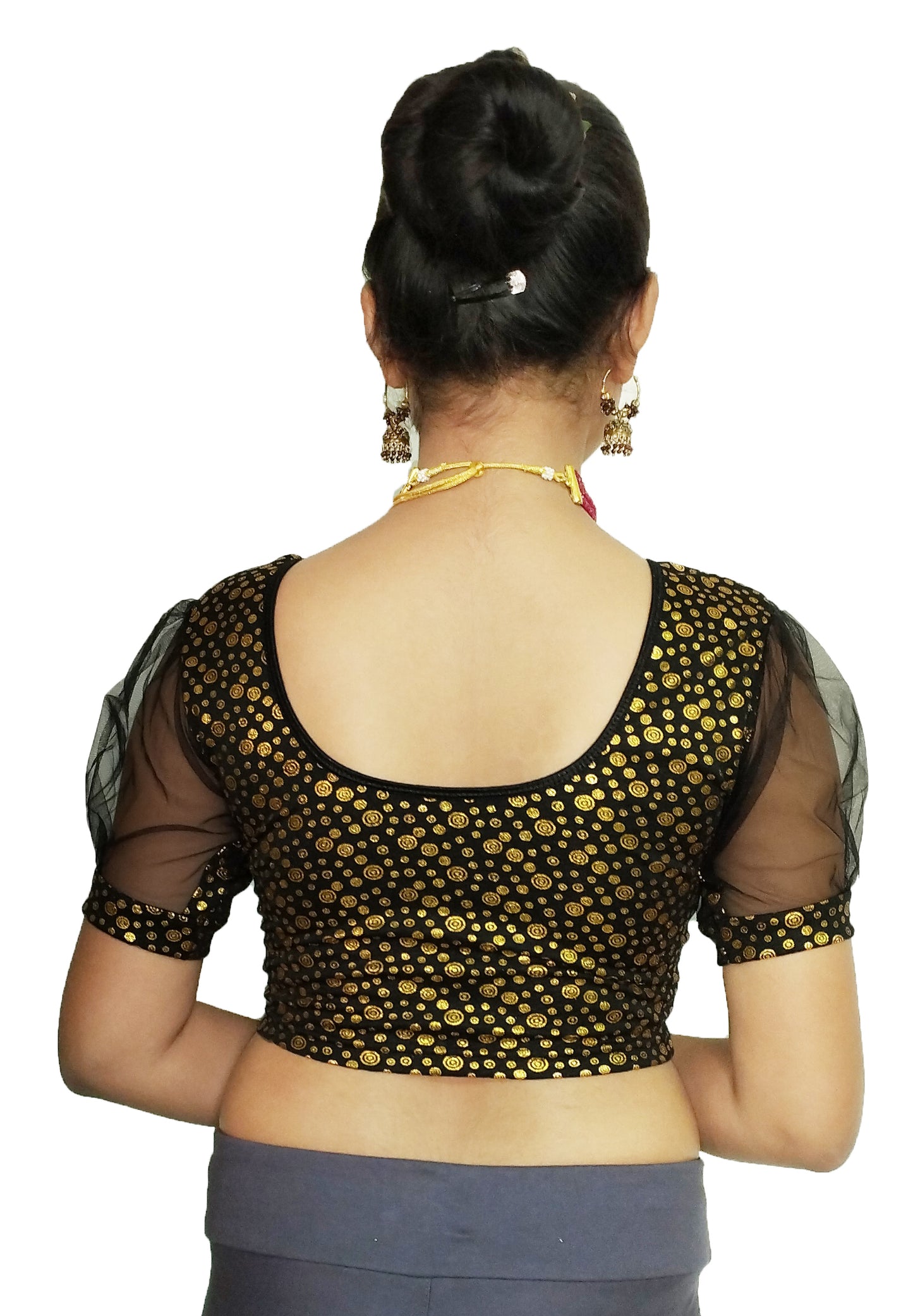 PU Fashion Golden Foil Printed Stretchable Blouse – Readymade Puff Sleeve Saree Blouse