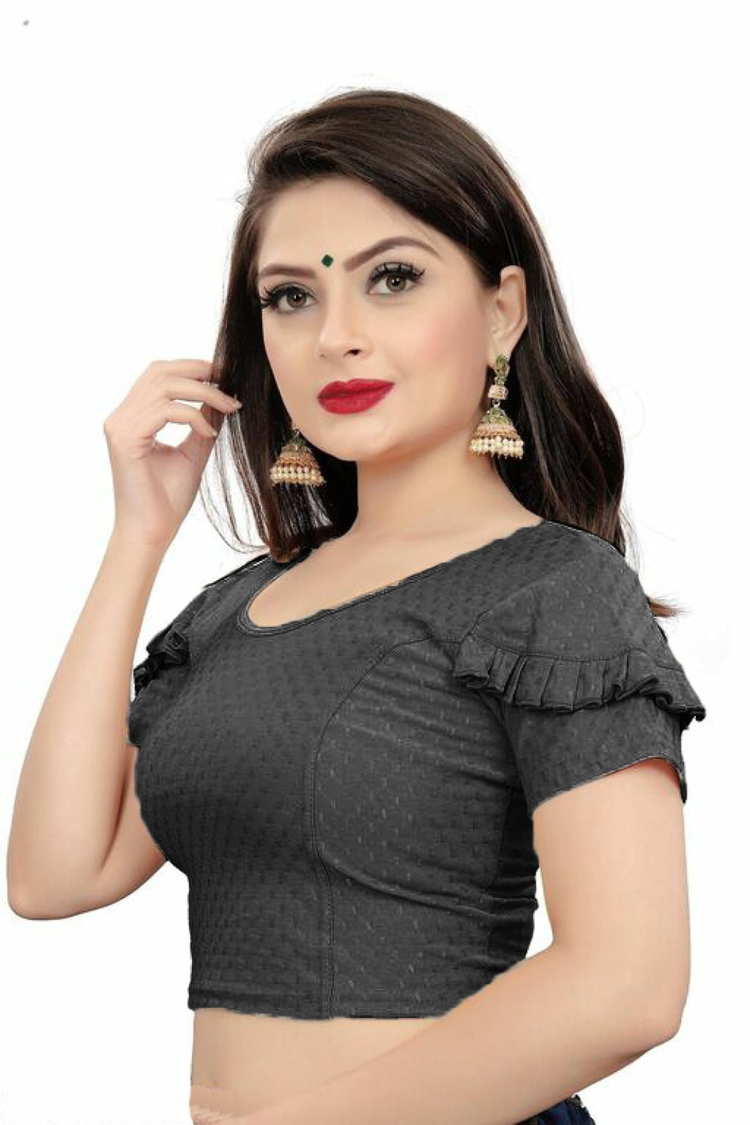 PU Fashion Fancy Frill Sleeve Blouse – Stylish Stretchable Readymade Saree Blouse