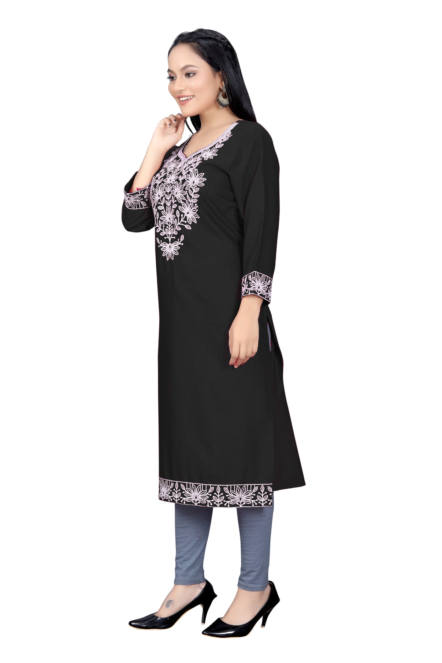 PU Fashion Chikankari Style Embroidered Long Kurti for Women | Elegant Straight Fit for Office & Festive Wear