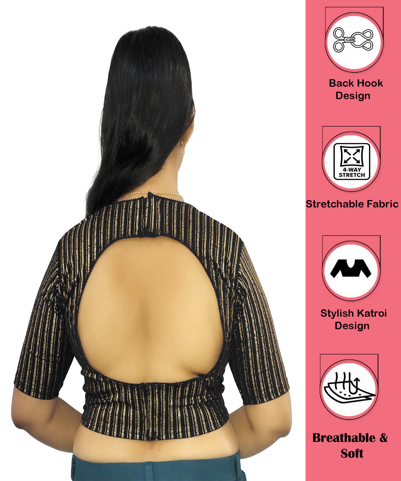 PU Fashion Jacquard Stretchable Saree Blouse | Back Hook & Katroi Design