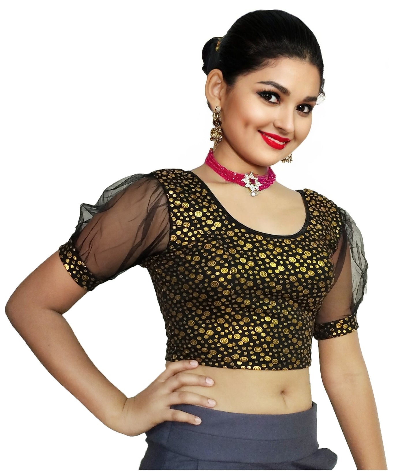 PU Fashion Golden Foil Printed Stretchable Blouse – Readymade Puff Sleeve Saree Blouse