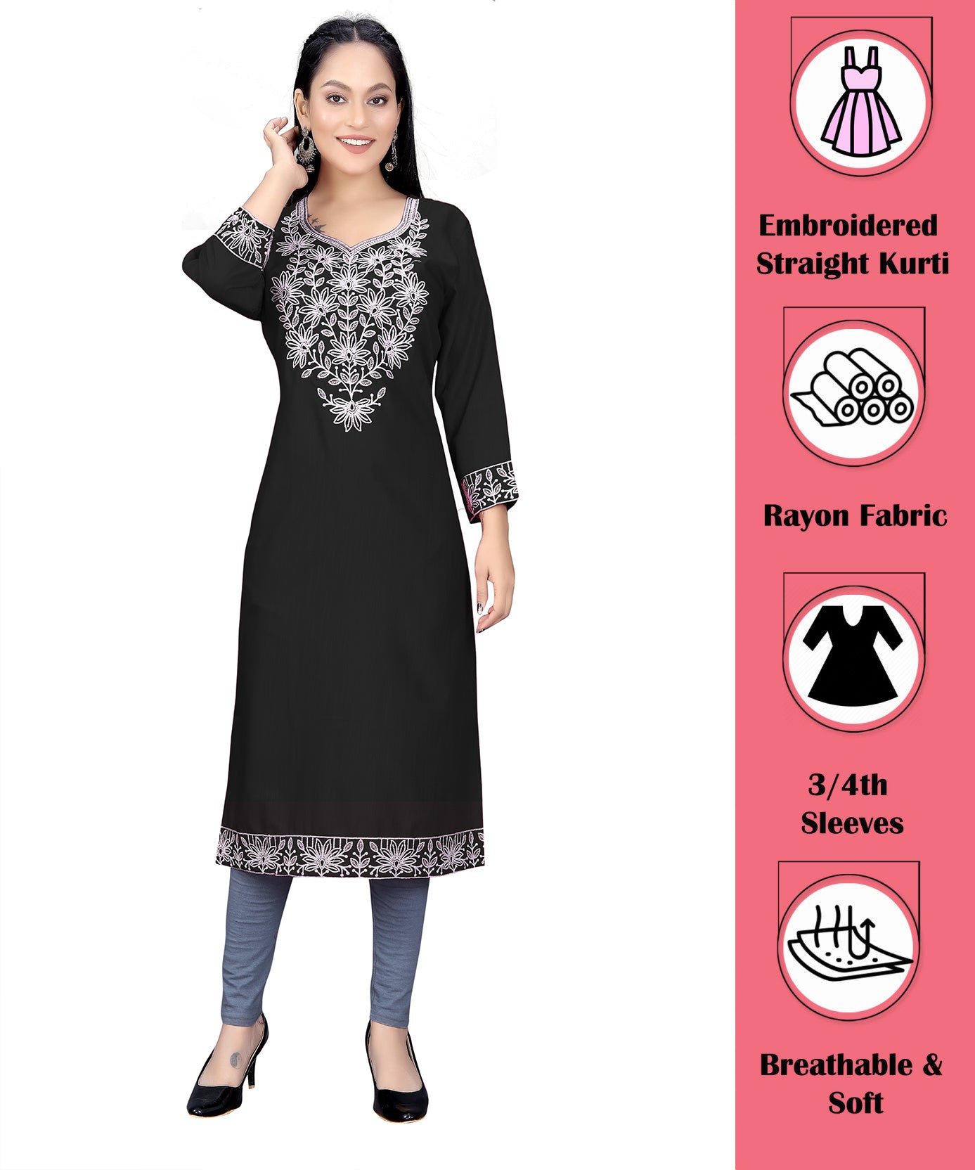 PU Fashion Chikankari Style Embroidered Long Kurti for Women | Elegant Straight Fit for Office & Festive Wear