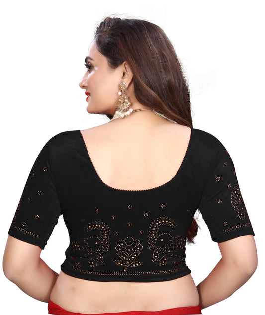 PU Fashion Fancy Velvet Blouse with Peacock and Floral Design | Readymade Saree Blouse for Women