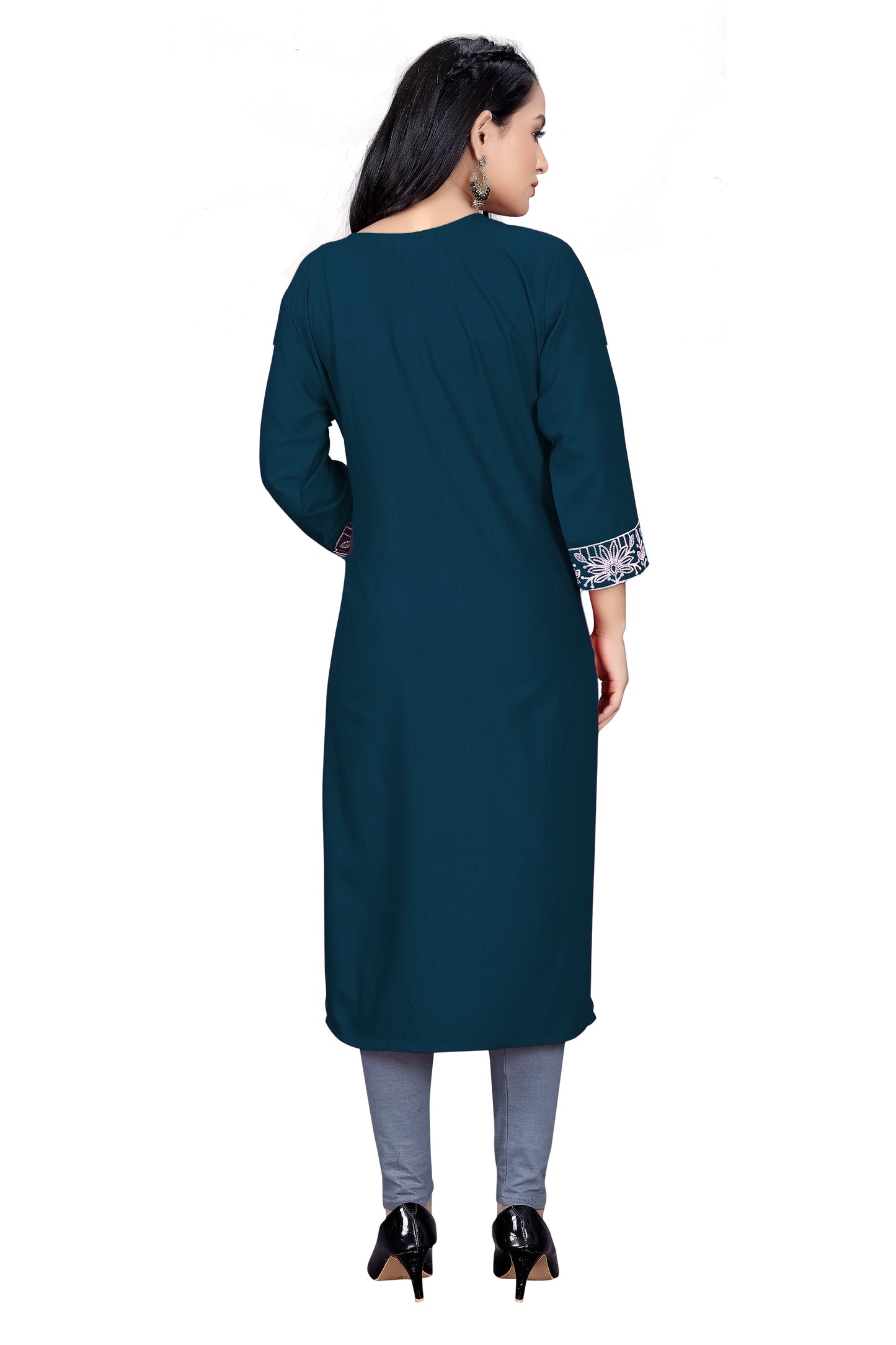 PU Fashion Chikankari Style Embroidered Long Kurti for Women | Elegant Straight Fit for Office & Festive Wear