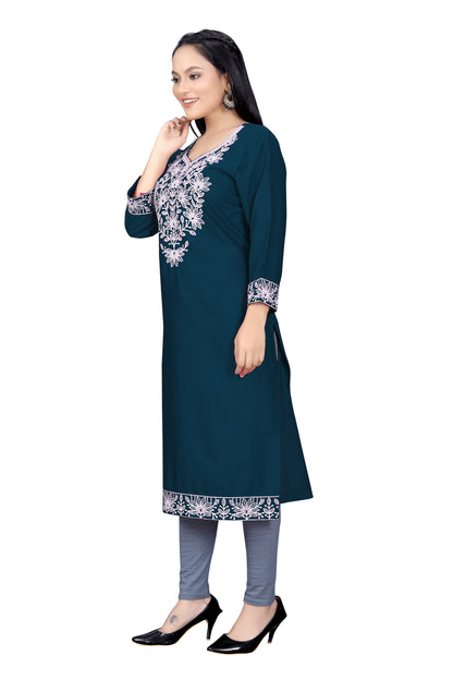 PU Fashion Chikankari Style Embroidered Long Kurti for Women | Elegant Straight Fit for Office & Festive Wear
