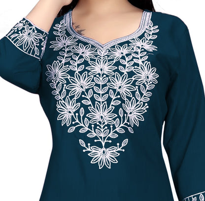 PU Fashion Chikankari Style Embroidered Long Kurti for Women | Elegant Straight Fit for Office & Festive Wear