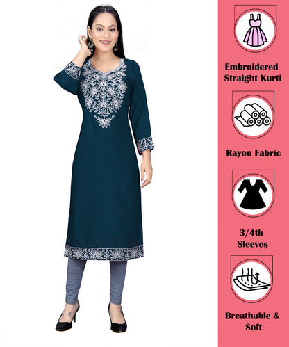 PU Fashion Chikankari Style Embroidered Long Kurti for Women | Elegant Straight Fit for Office & Festive Wear