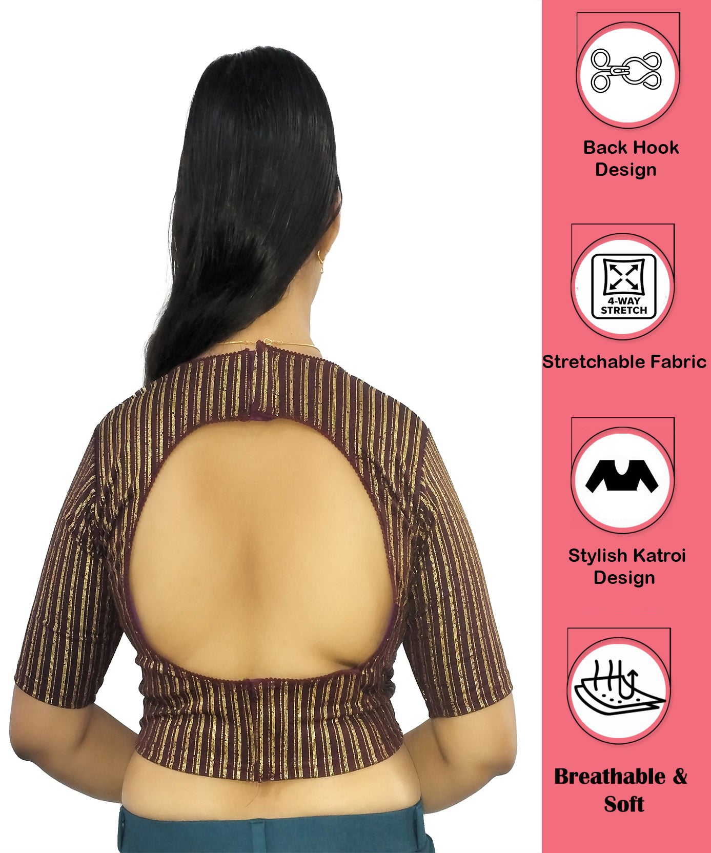 PU Fashion Jacquard Stretchable Saree Blouse | Back Hook & Katroi Design