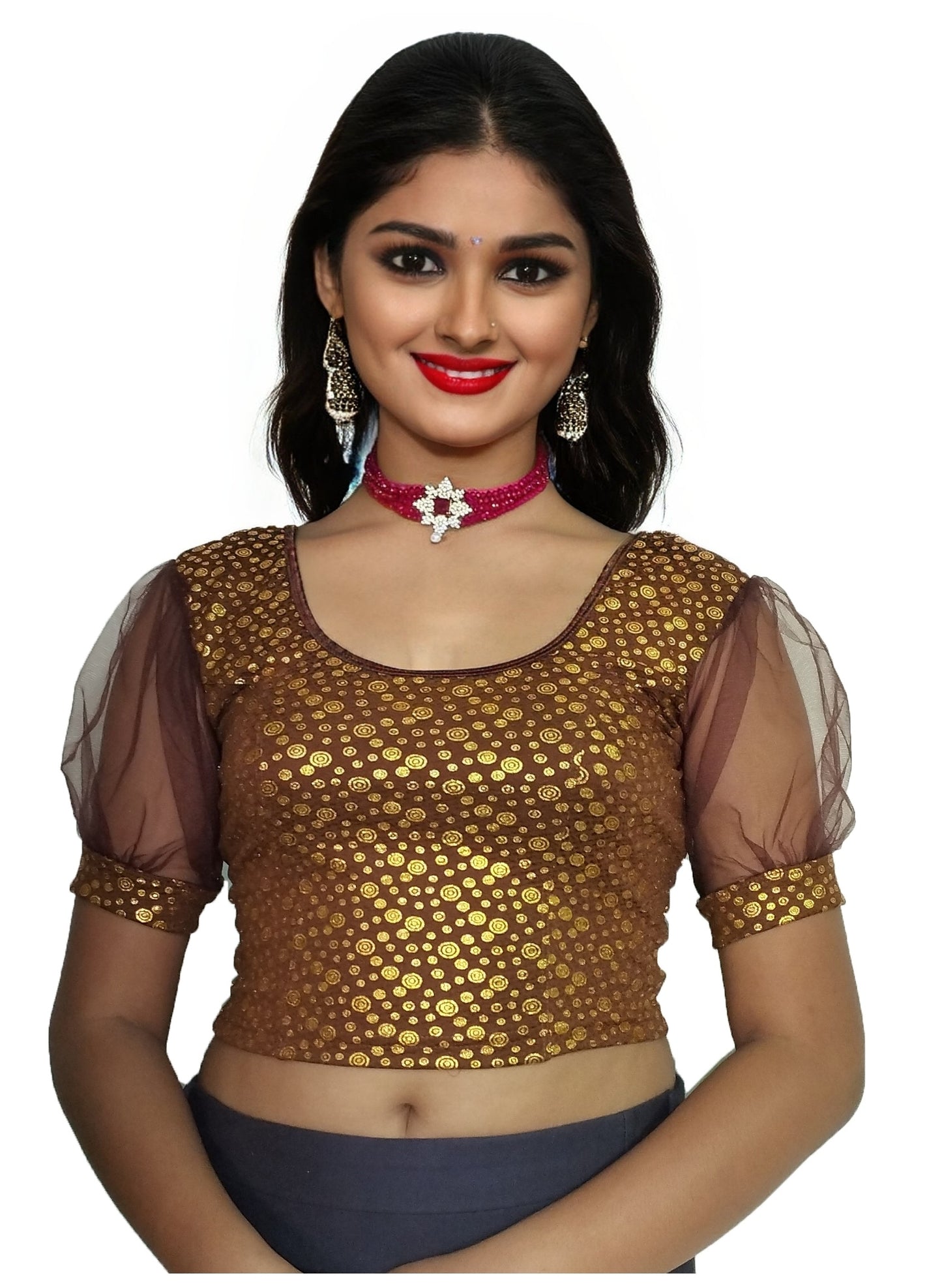 PU Fashion Golden Foil Printed Stretchable Blouse – Readymade Puff Sleeve Saree Blouse