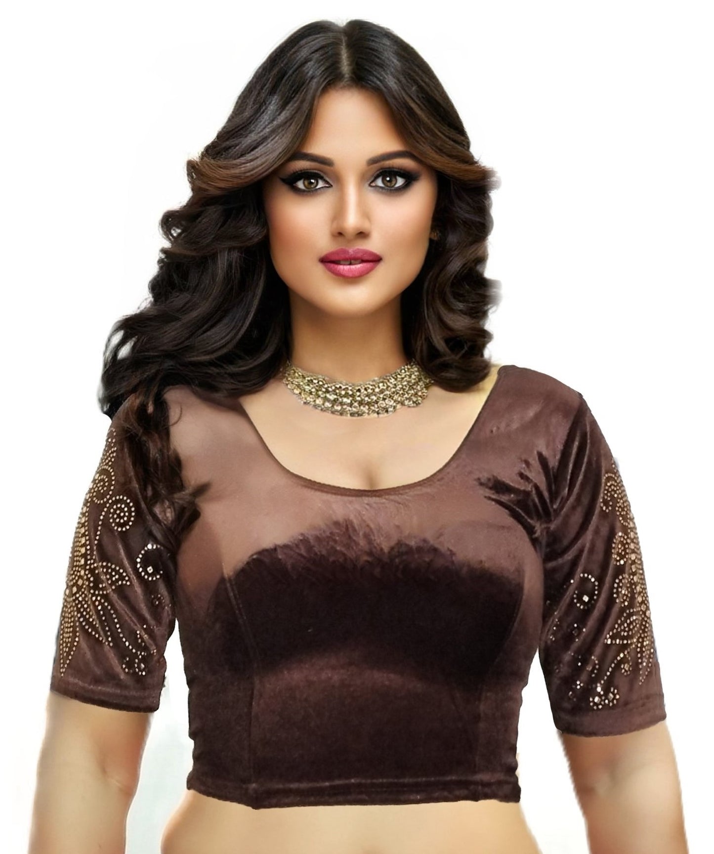 PU Fashion Women's Fancy Velvet Blouse with Stone Work | Stylish Readymade Saree Blouse for Party & Wedding