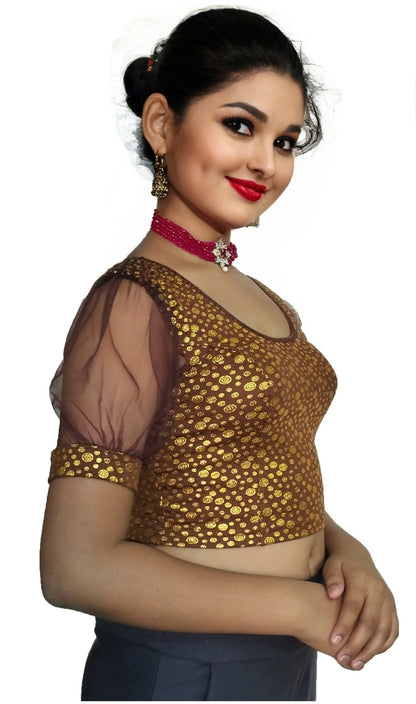 PU Fashion Golden Foil Printed Stretchable Blouse – Readymade Puff Sleeve Saree Blouse