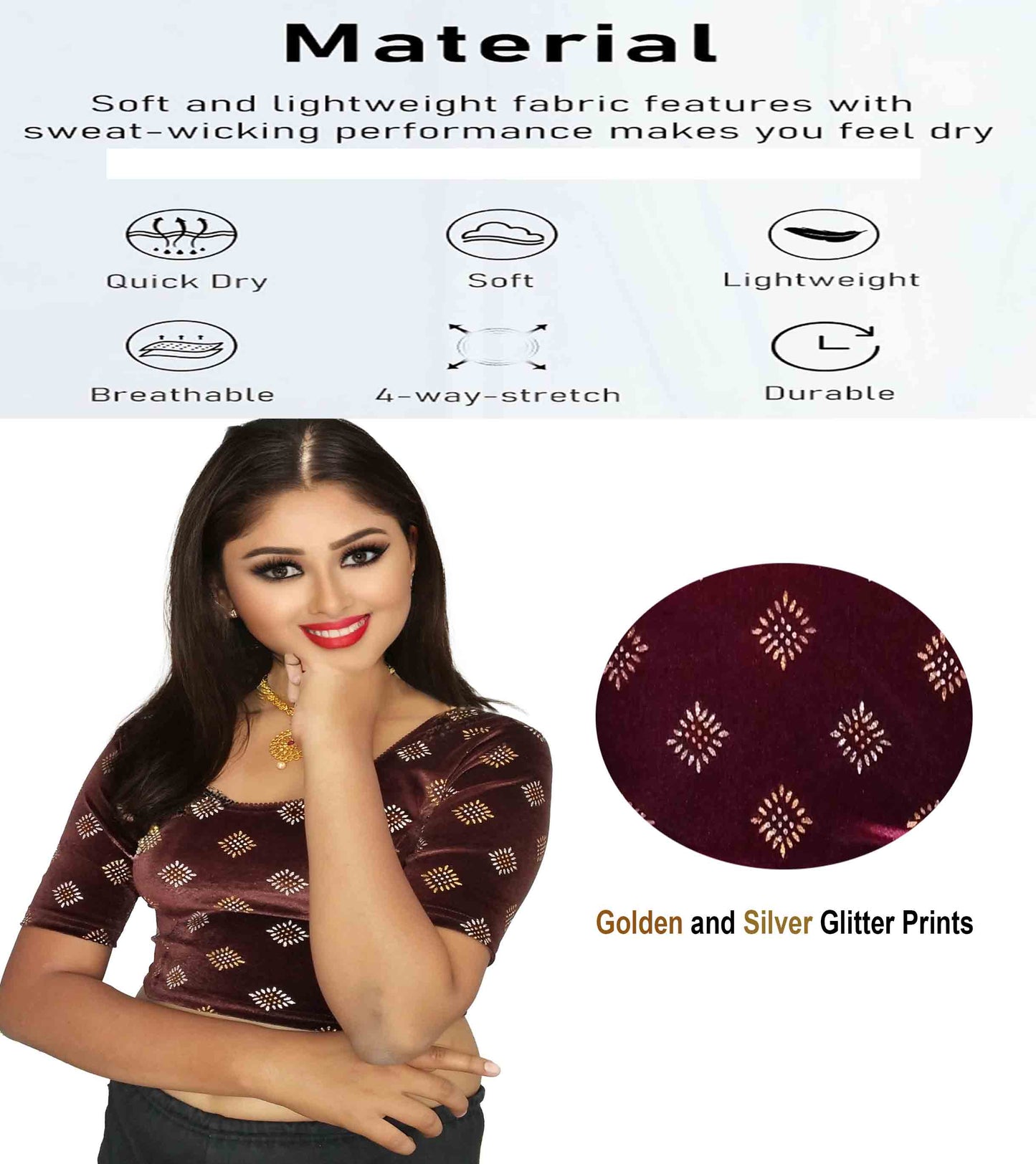 PU Fashion Stretchable Velvet Sequin Blouse for Saree, Lehenga, and Party Wear