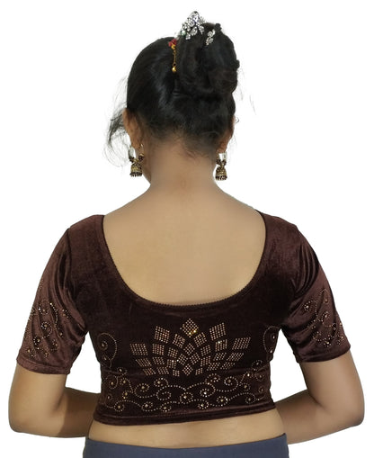 PU Fashion Women's Fancy Velvet Blouse with Stone Work | Stylish Readymade Saree Blouse for Party & Wedding