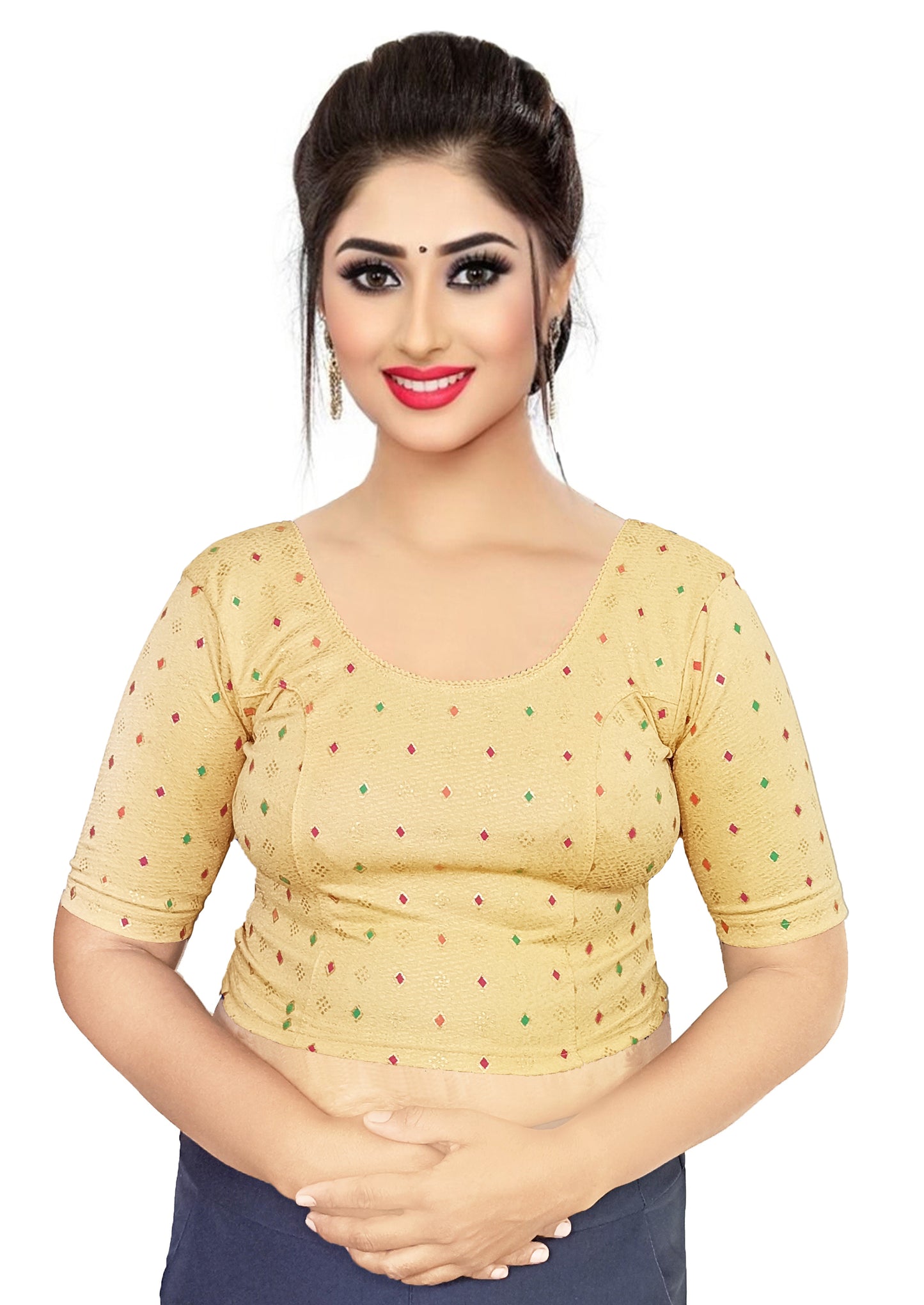 PU Fashion Pigment Print Blouse – Readymade, Stylish Multicolor Design, Elbow Sleeves
