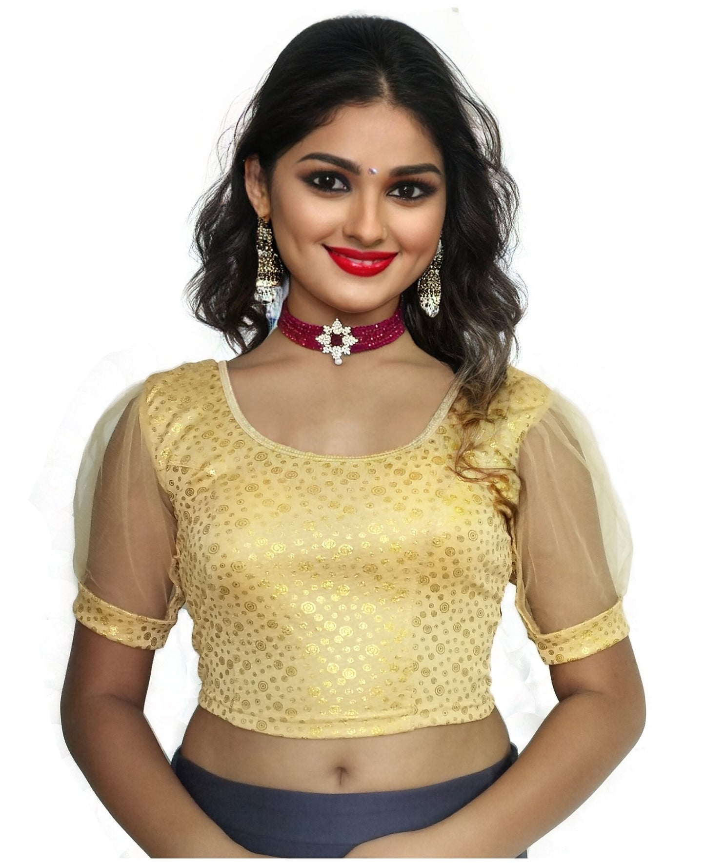 PU Fashion Golden Foil Printed Stretchable Blouse – Readymade Puff Sleeve Saree Blouse