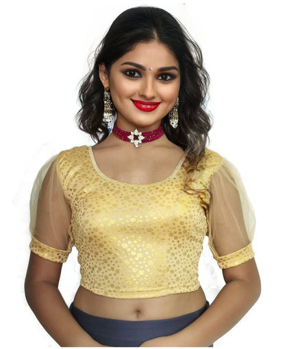 PU Fashion Golden Foil Printed Stretchable Blouse – Readymade Puff Sleeve Saree Blouse
