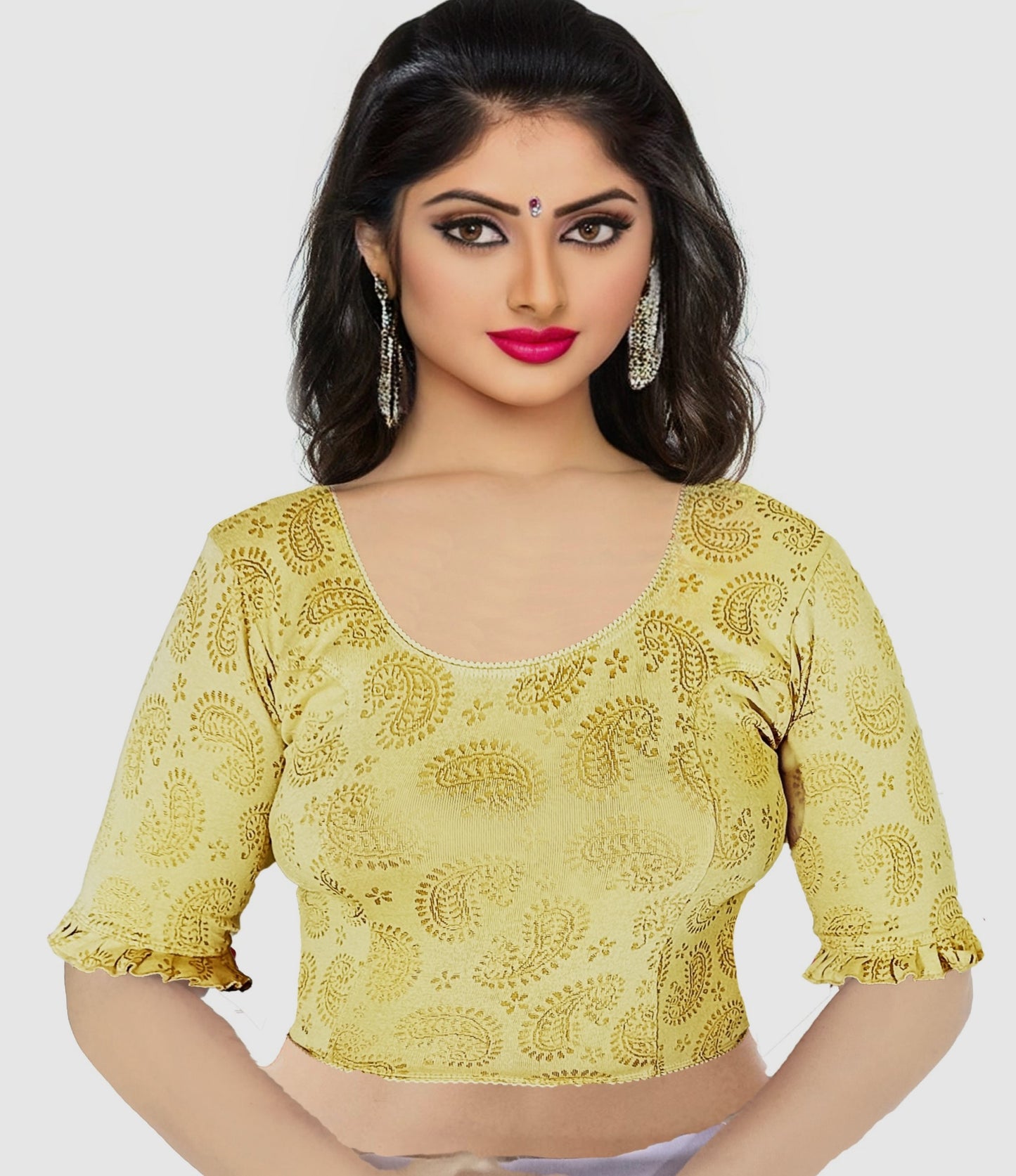 Stretchable Lycra Blouse with Golden Print – Breathable & Comfortable | PU Fashion