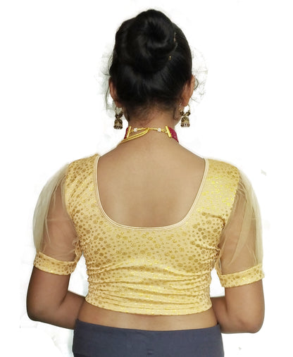PU Fashion Golden Foil Printed Stretchable Blouse – Readymade Puff Sleeve Saree Blouse