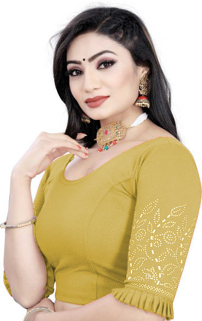 PU Fashion Stretchable Lycra Readymade Blouse with Frill & Swarovski Work