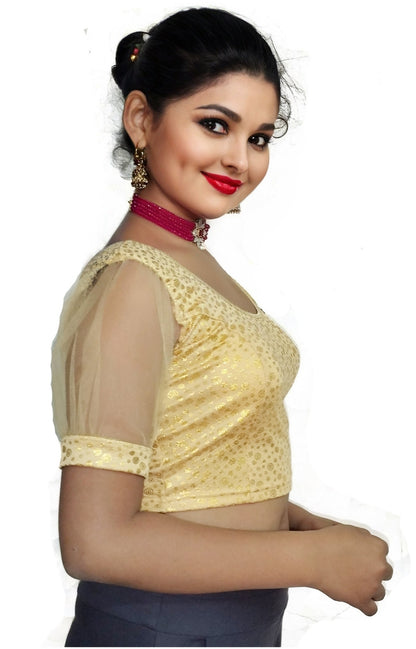 PU Fashion Golden Foil Printed Stretchable Blouse – Readymade Puff Sleeve Saree Blouse