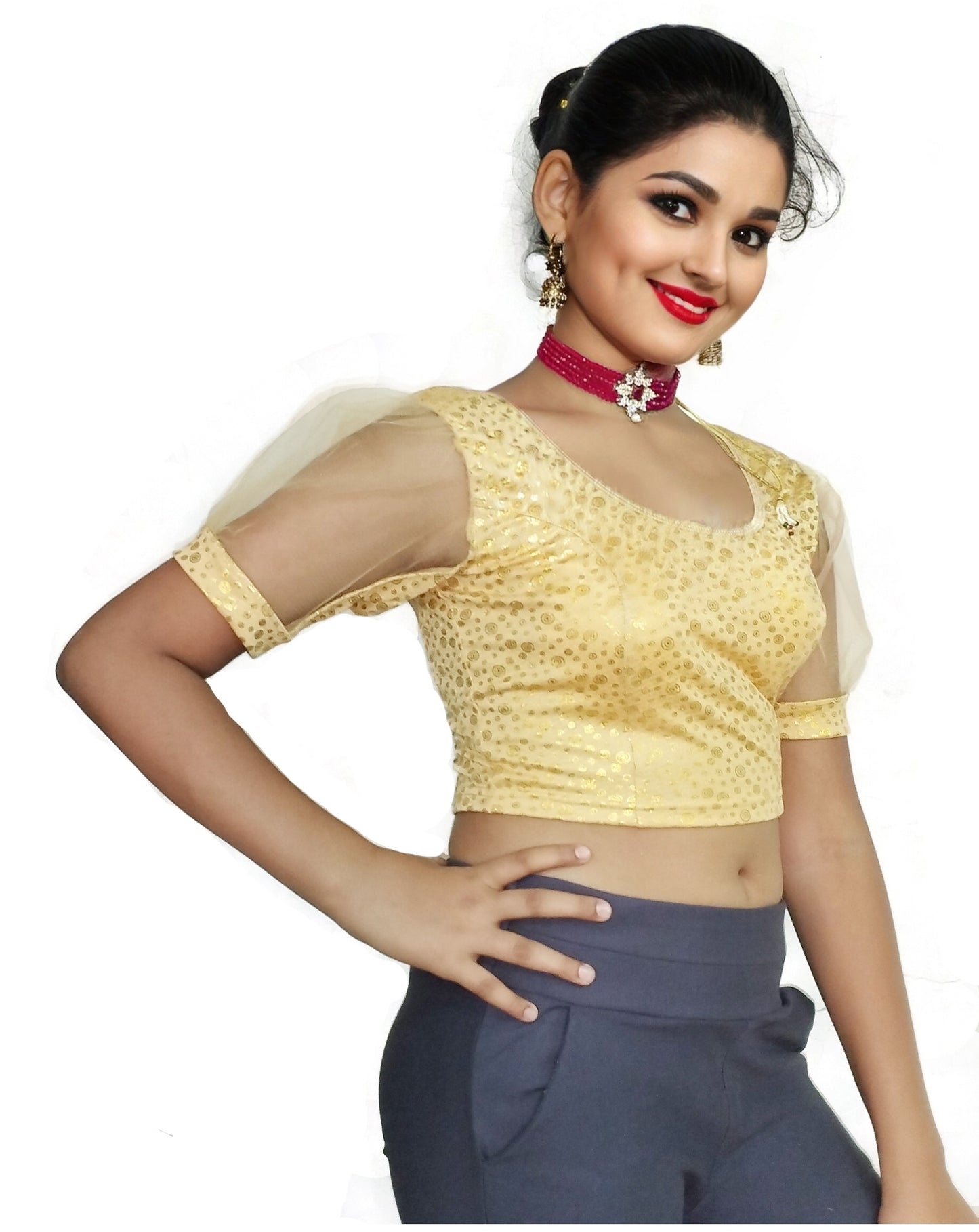 PU Fashion Golden Foil Printed Stretchable Blouse – Readymade Puff Sleeve Saree Blouse