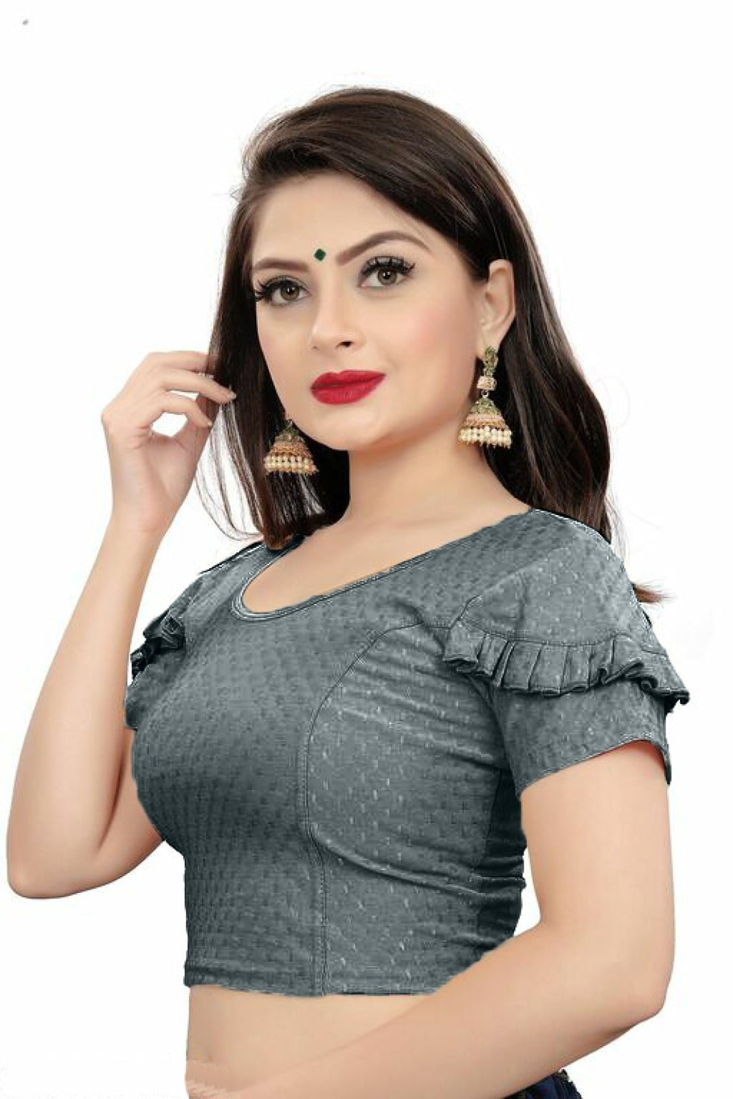 PU Fashion Fancy Frill Sleeve Blouse – Stylish Stretchable Readymade Saree Blouse