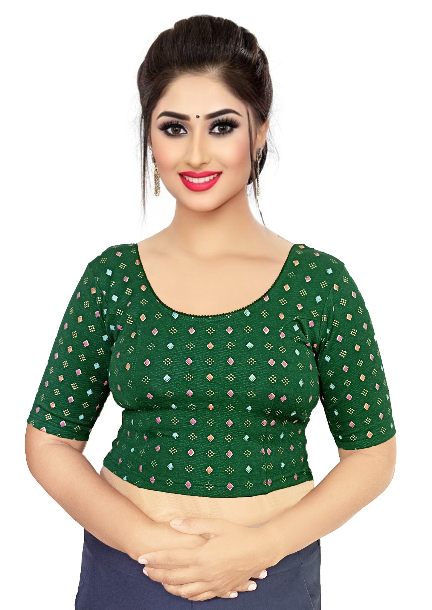PU Fashion Pigment Print Blouse – Readymade, Stylish Multicolor Design, Elbow Sleeves