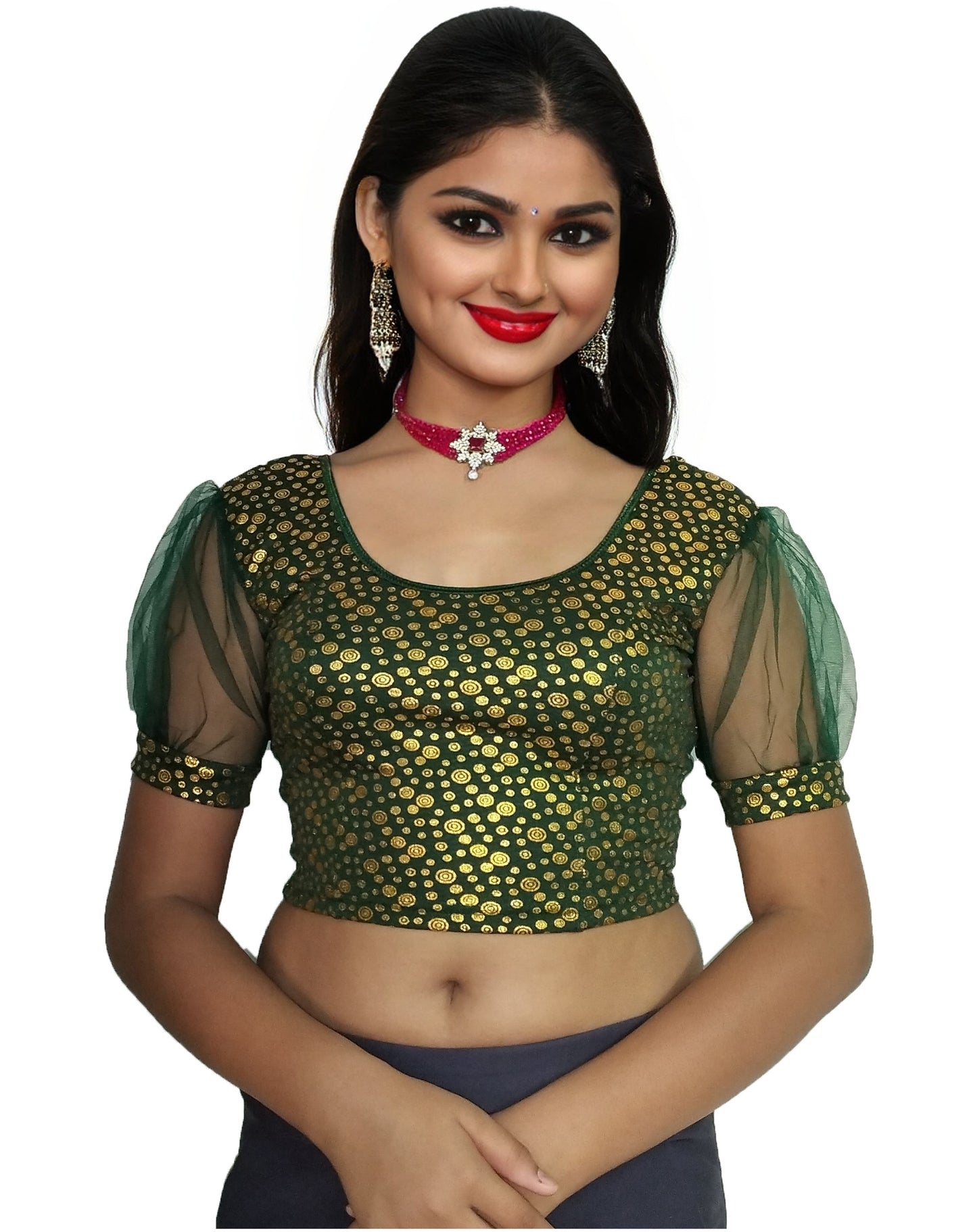 PU Fashion Golden Foil Printed Stretchable Blouse – Readymade Puff Sleeve Saree Blouse