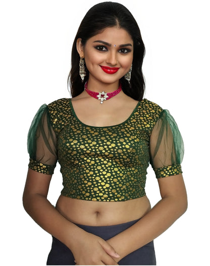 PU Fashion Golden Foil Printed Stretchable Blouse – Readymade Puff Sleeve Saree Blouse