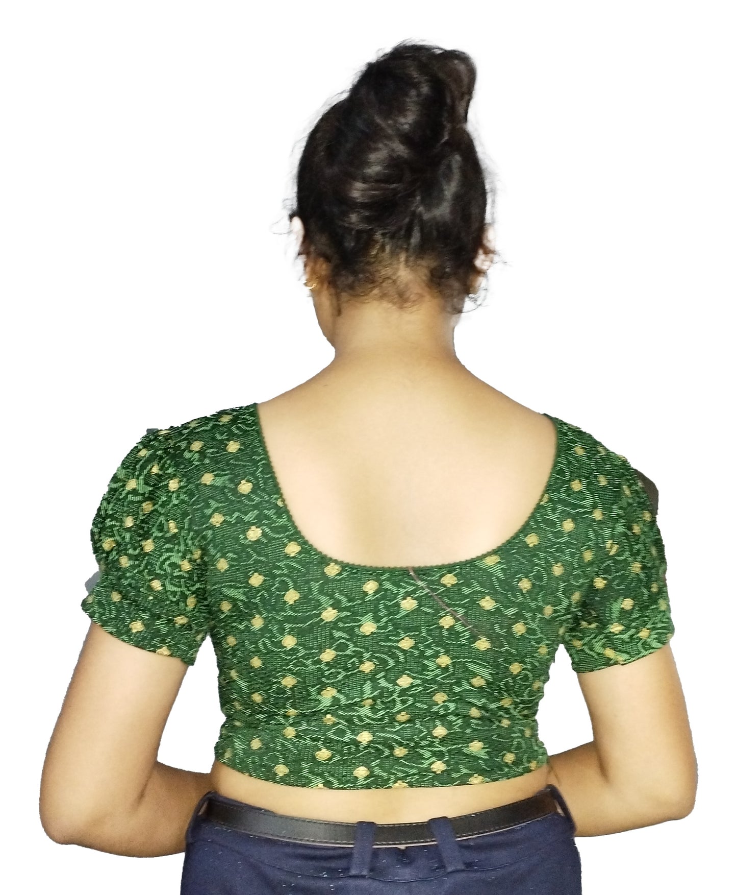 PU Fashion Lycra Blouse with Golden Foil Print – Readymade Puff Sleeve Saree Blouse