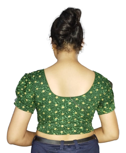 PU Fashion Lycra Blouse with Golden Foil Print – Readymade Puff Sleeve Saree Blouse