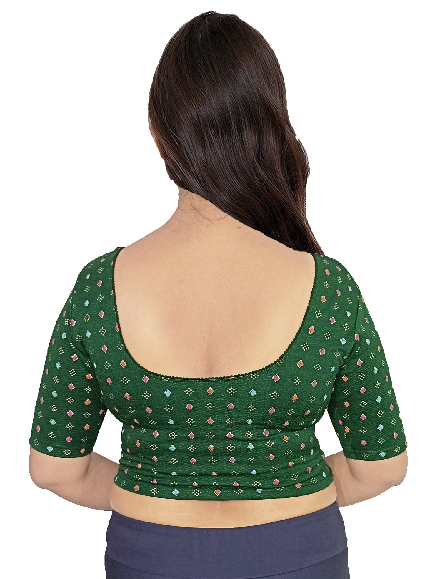 PU Fashion Pigment Print Blouse – Readymade, Stylish Multicolor Design, Elbow Sleeves