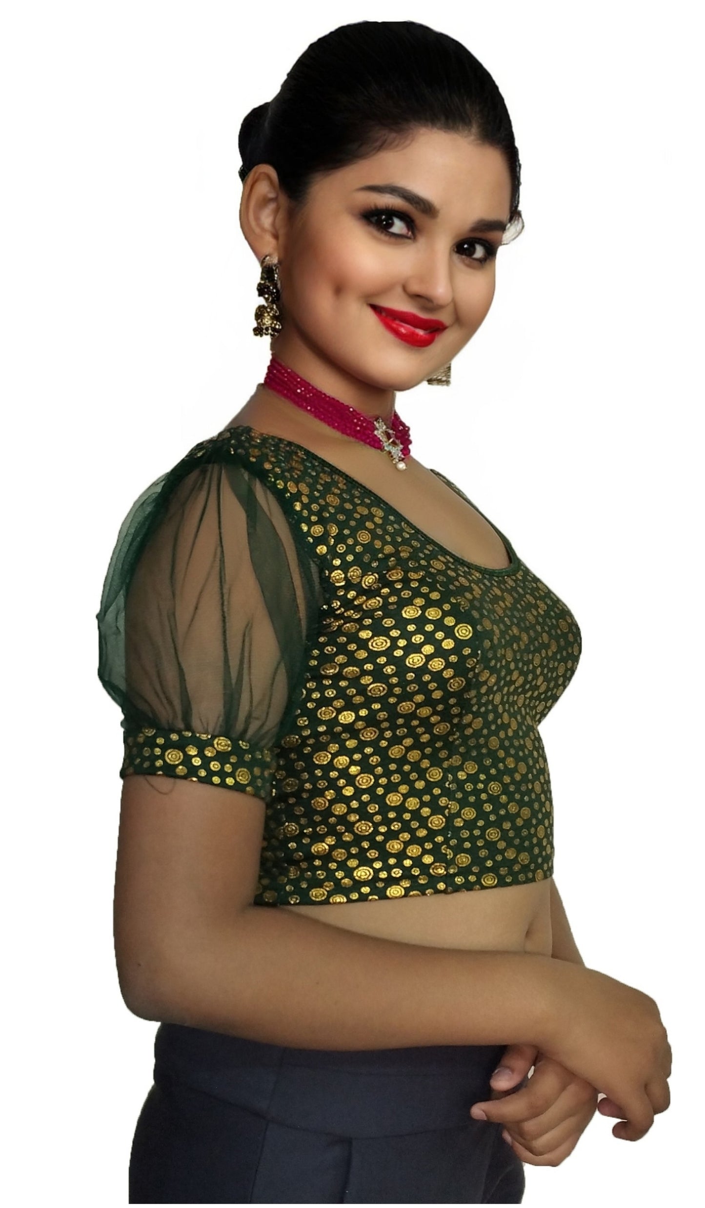 PU Fashion Golden Foil Printed Stretchable Blouse – Readymade Puff Sleeve Saree Blouse