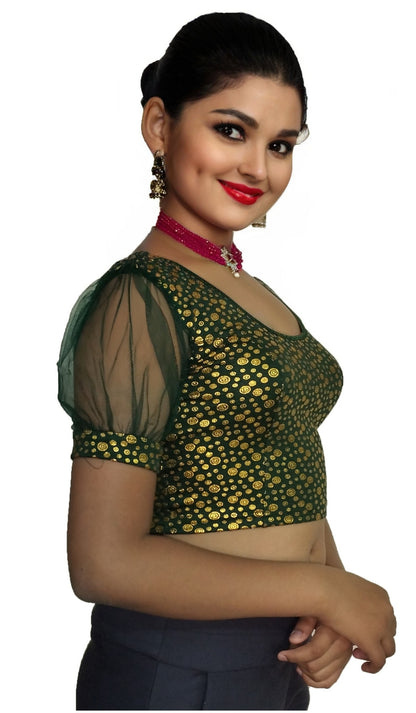 PU Fashion Golden Foil Printed Stretchable Blouse – Readymade Puff Sleeve Saree Blouse