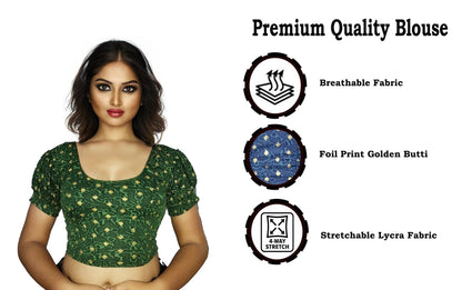 PU Fashion Lycra Blouse with Golden Foil Print – Readymade Puff Sleeve Saree Blouse
