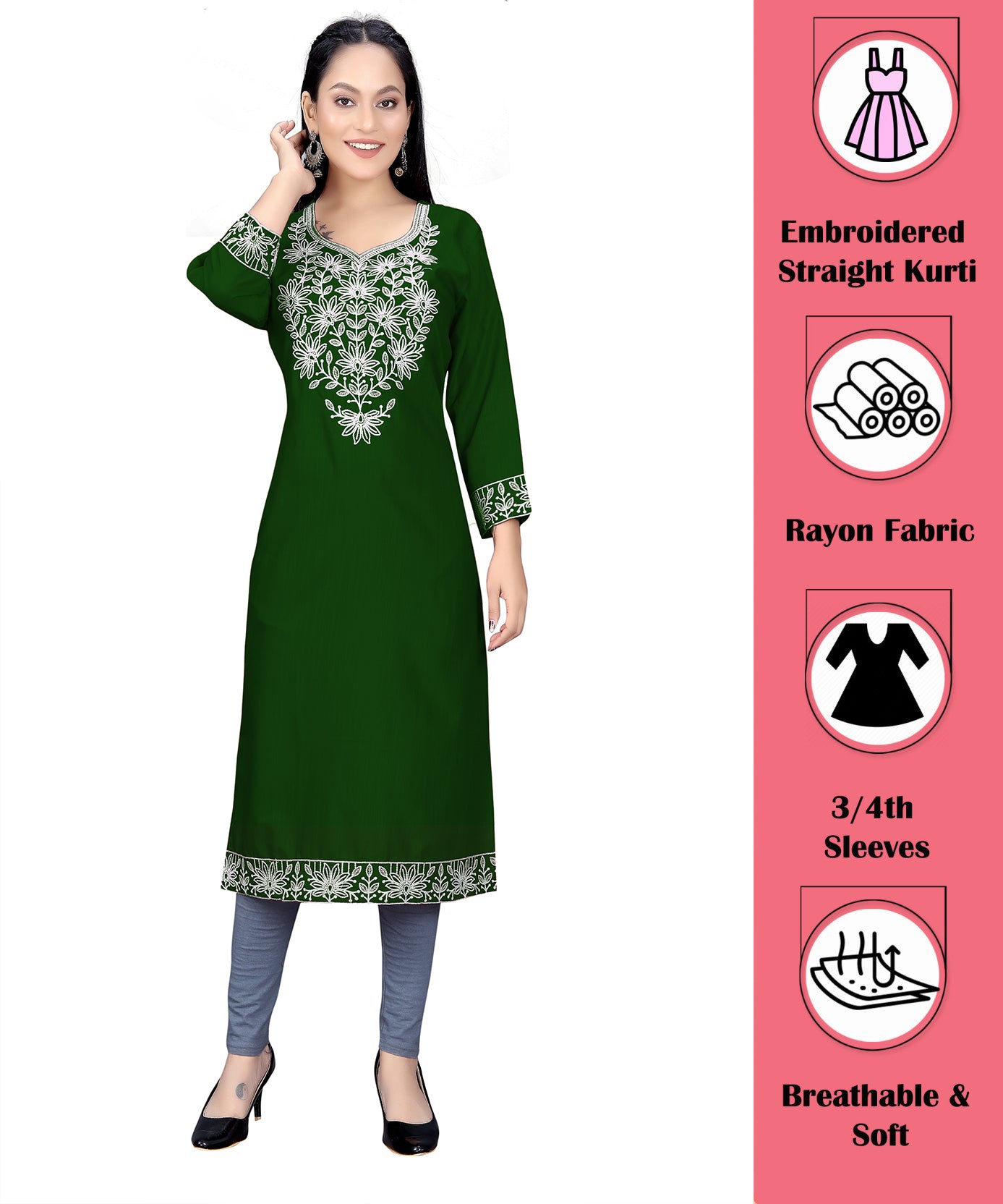 PU Fashion Chikankari Style Embroidered Long Kurti for Women | Elegant Straight Fit for Office & Festive Wear