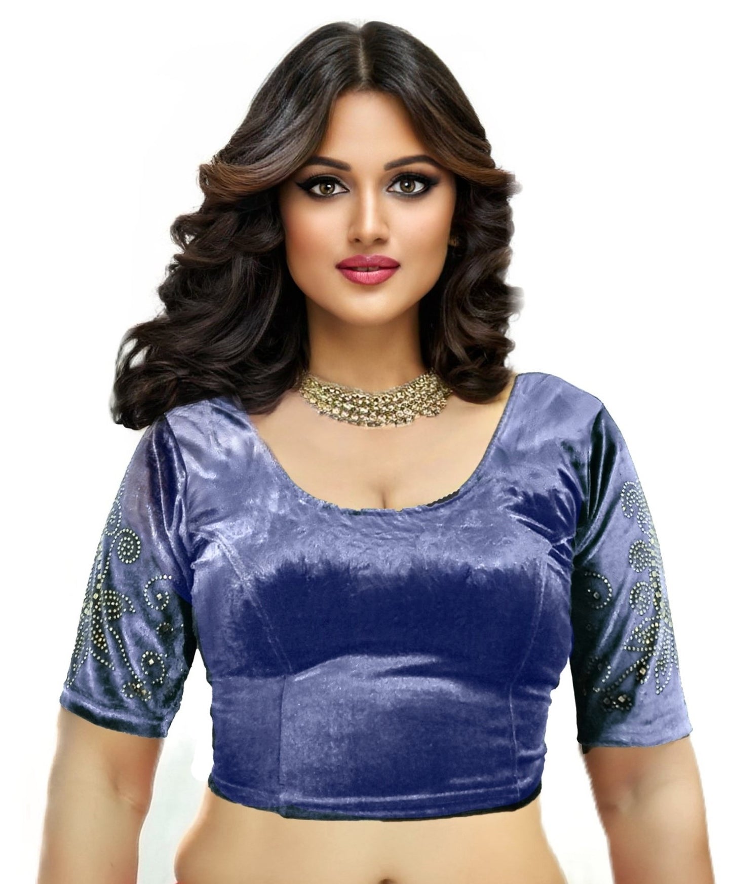 PU Fashion Women's Fancy Velvet Blouse with Stone Work | Stylish Readymade Saree Blouse for Party & Wedding