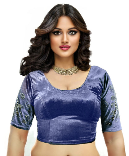 PU Fashion Women's Fancy Velvet Blouse with Stone Work | Stylish Readymade Saree Blouse for Party & Wedding